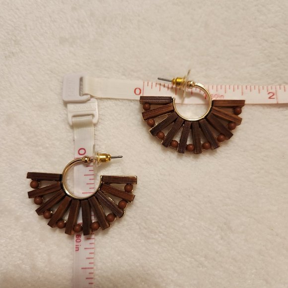 Brown Wood Slat/Bead Half Hoop Gold Tone Earrings - Picture 8 of 8
